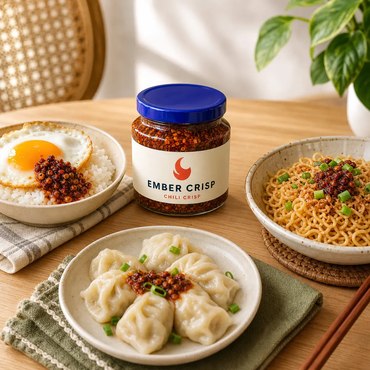 Chilli crisp served with rice noodles and dumplings