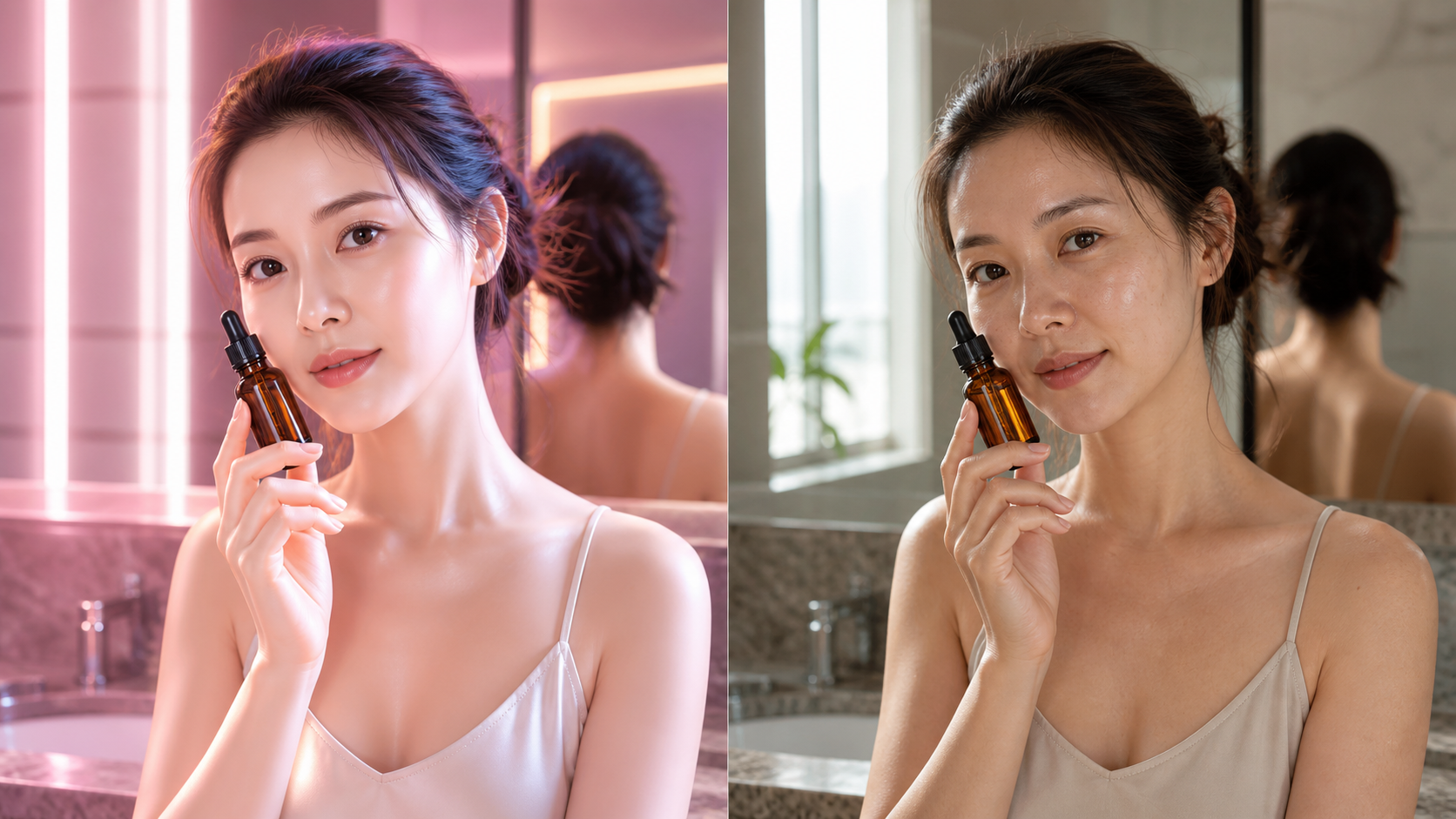 蜡像皮肤和空眼神与真实感导向美妆人物对比