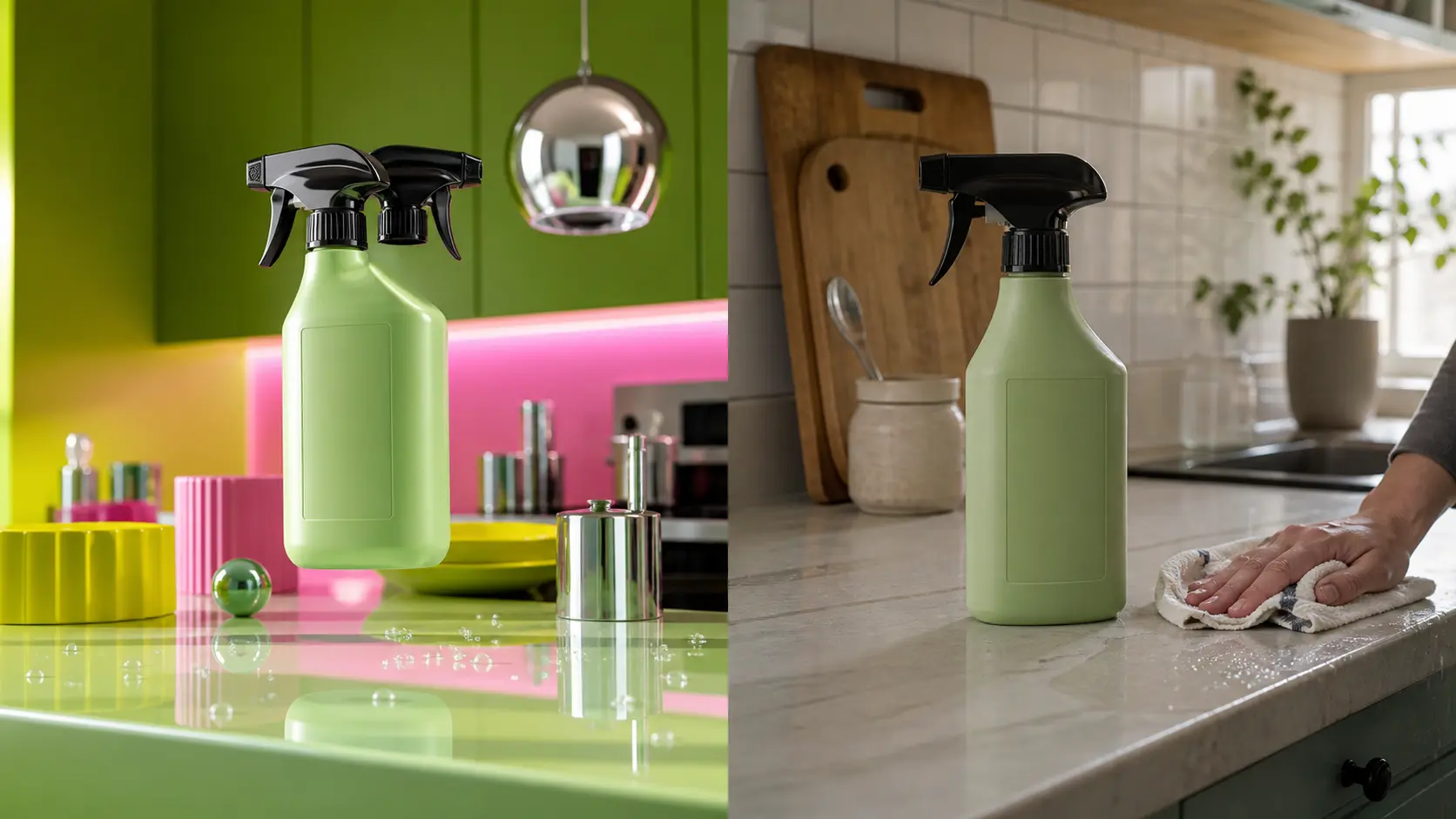 A generic cleaning product render compared with a plausible product-use interaction