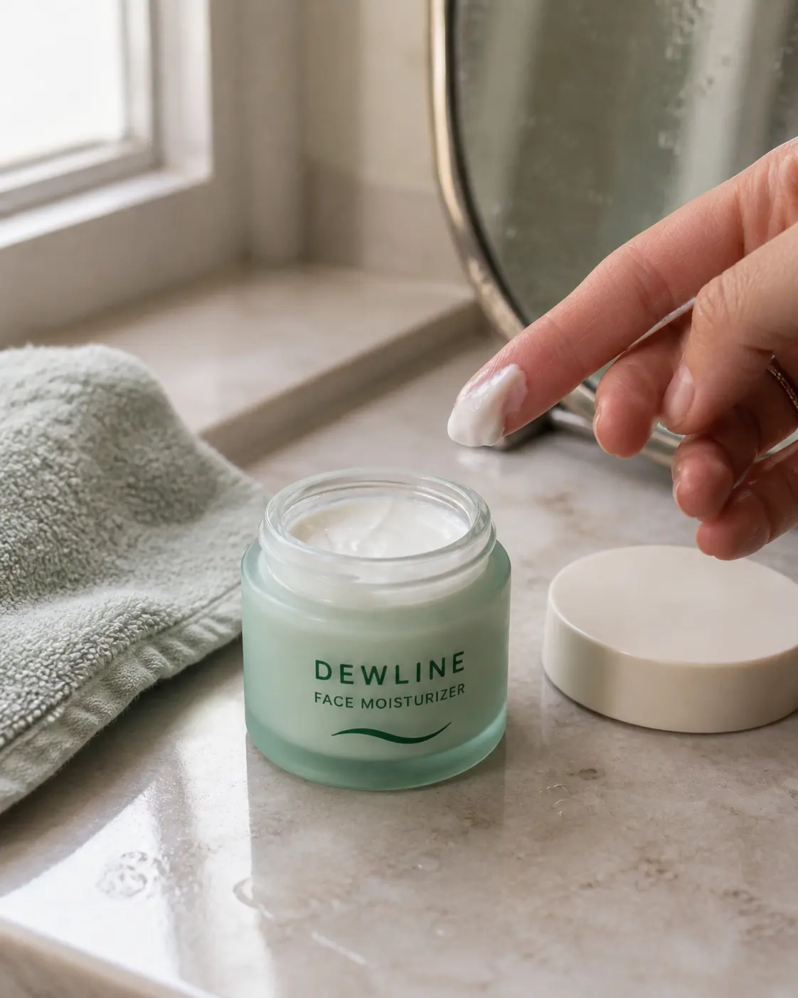 AI-generated fictional skincare jar in a natural bathroom routine