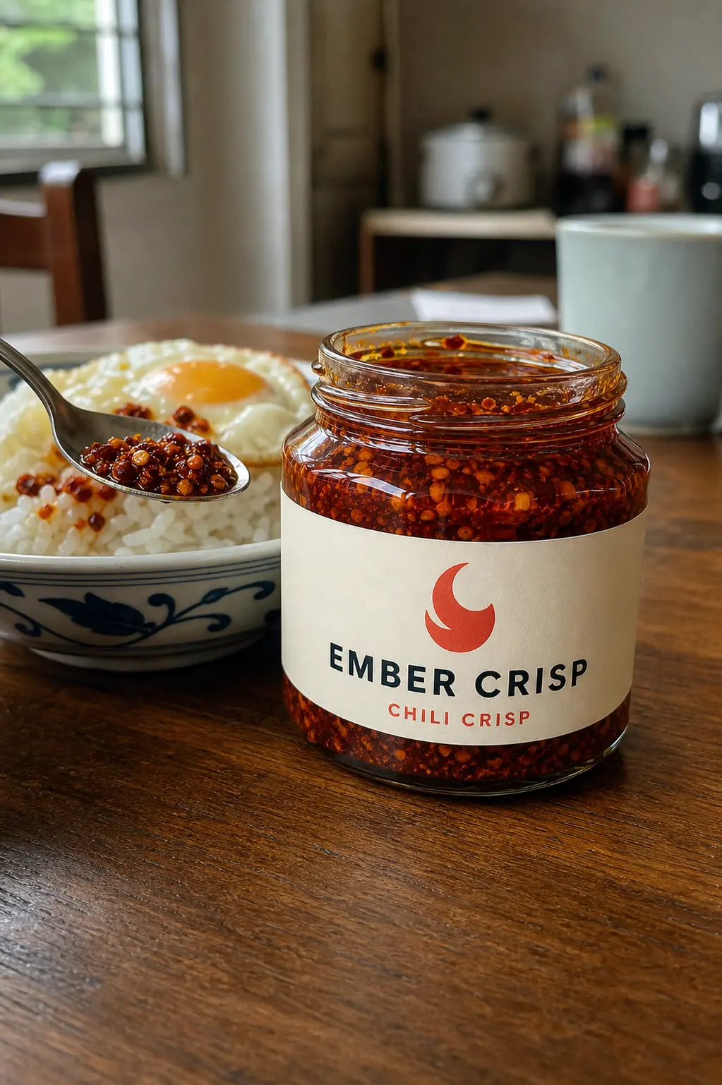 AI-generated fictional chili crisp jar on a lived-in breakfast table