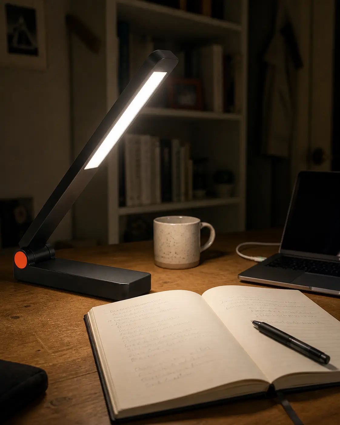 Fictional AI-generated Foldlight lamp in a lived-in workspace