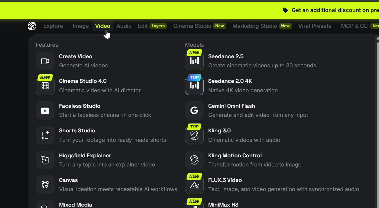 Higgsfield model menu showing Seedance 2.5